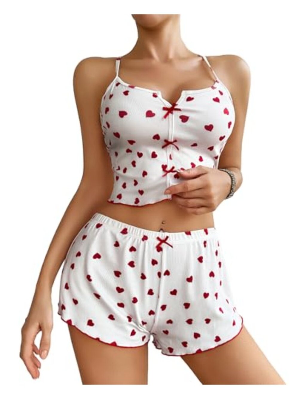 Ribbed Knit Cami Short Set 2 Piece Pajama Sleepwear Set with Bow